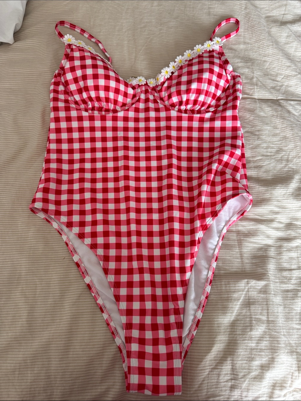 Red Gingham One-Piece Swimsuit with Daisy Trim